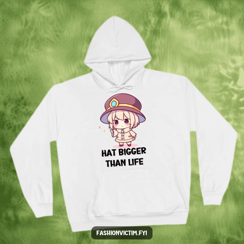 Funny hoodie depicting a character in an enormous hat excitedly gesturing towards a minuscule, glittering accessory, highlighting humorous overstatement.