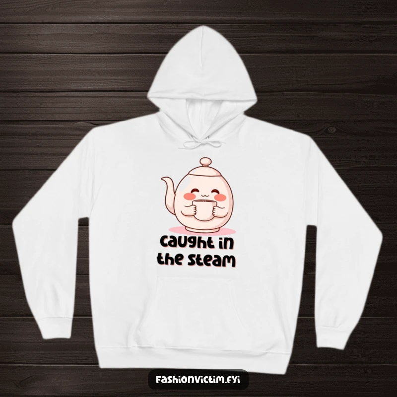 Funny hoodie, a shy teapot mascot blushing intensely while holding a warm cup, radiating bashful charm and comfort.