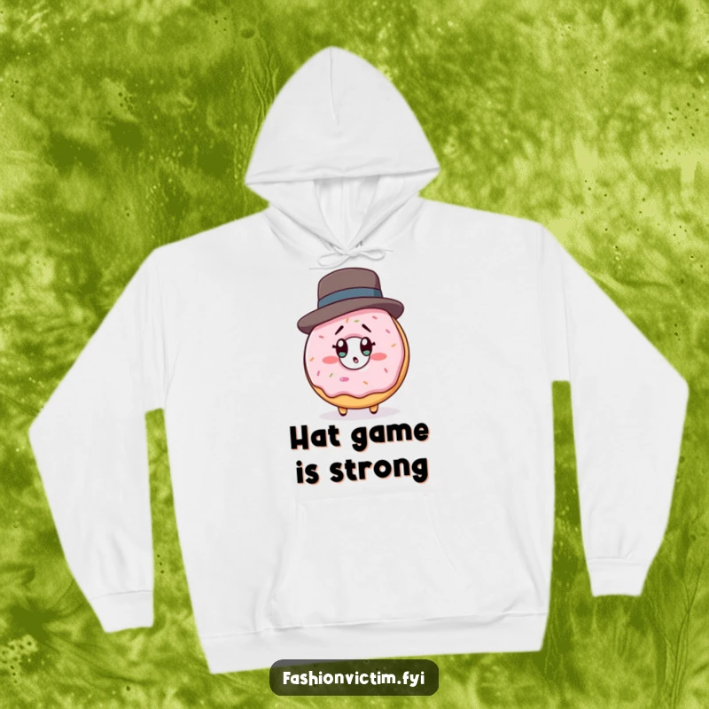 Funny hoodie showing a donut wearing a miniature designer hat, staring in shock at its own reflection, a humorous take on vanity.