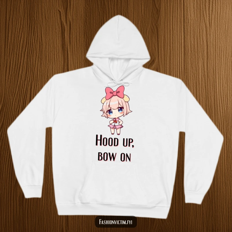 Funny hoodie depicting a confident girl character with an enormous bow, striking a bold pose, perfect for cozy humor.