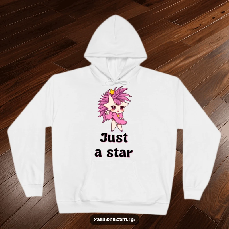 Funny Hoodie showcasing a tiny star character posing with a luxurious feather boa, exuding star quality.