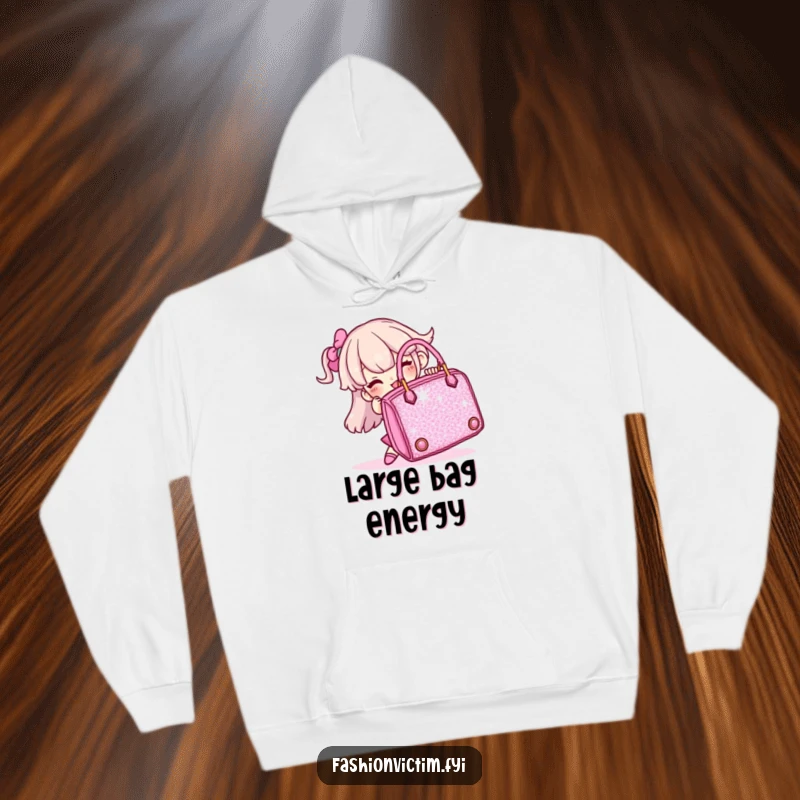 Funny hoodie depicting a character humorously struggling with a massive, sparkly handbag, ideal for cold days.