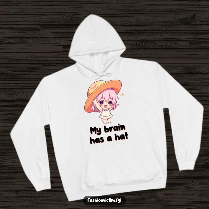 Funny hoodie depicting a character joyfully shoving a large, sequined hat onto their head, a humorous garment for festive wear.