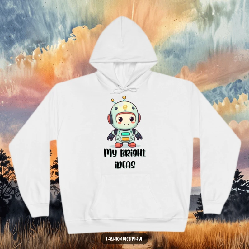 Funny hoodie featuring a cute robot with a lightbulb head looking very pleased. Cozy and humorous tech wear.