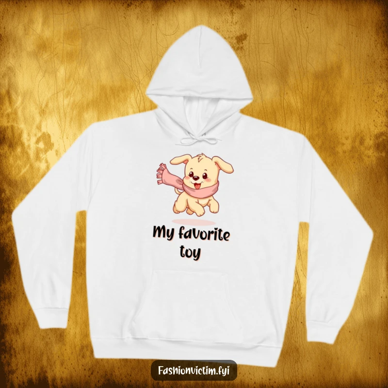 Funny hoodie depicting a playful puppy in a comical chase after a runaway, frilly scarf.