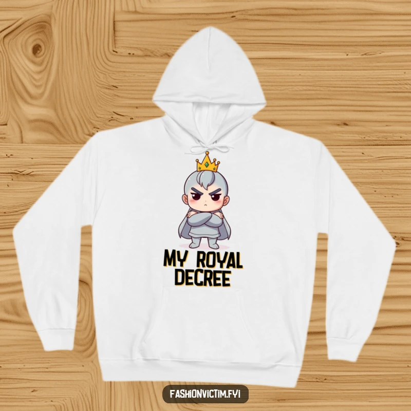 Funny hoodie showcasing a character with arms crossed, a tiny crown humorously askew, embodying dramatic regal flair.