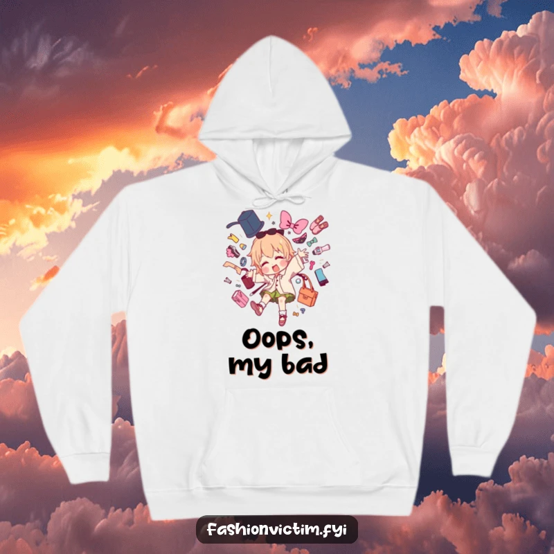 Funny hoodie depicting a character dramatically tripping, with a comical cascade of fashion items like thread and fabric flying.