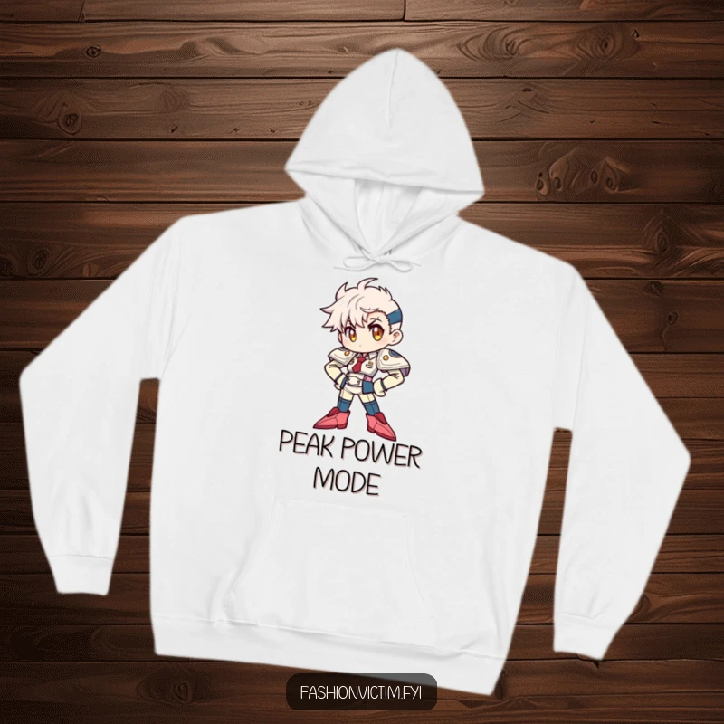 Funny Hoodie: A character striking a dramatic power pose, emphasizing exaggerated shoulder pads and sharp pointy shoes, radiating confidence.