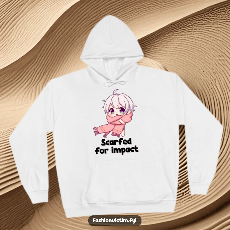 Funny hoodie showcasing a character hilariously entangled in a long scarf, beaming with a look of surprised joy.