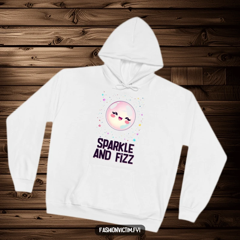 Funny bubble character joyfully popping with glitter and sequins, featured on a cozy, warm hoodie.