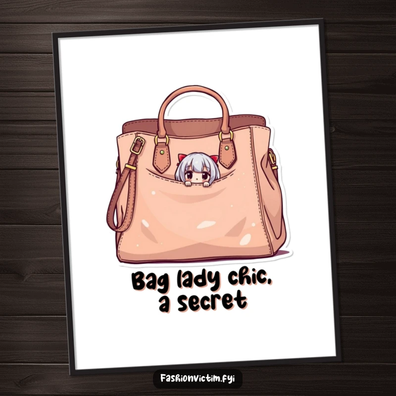 Funny free printable wall art of a tiny character peeking out from a large stylish handbag, adding quirky decor humor.