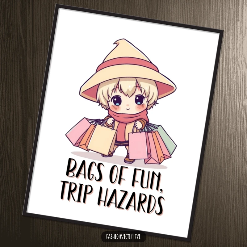 Funny free printable wall art of a child tripping with many shopping bags, capturing the humor of overshopping.