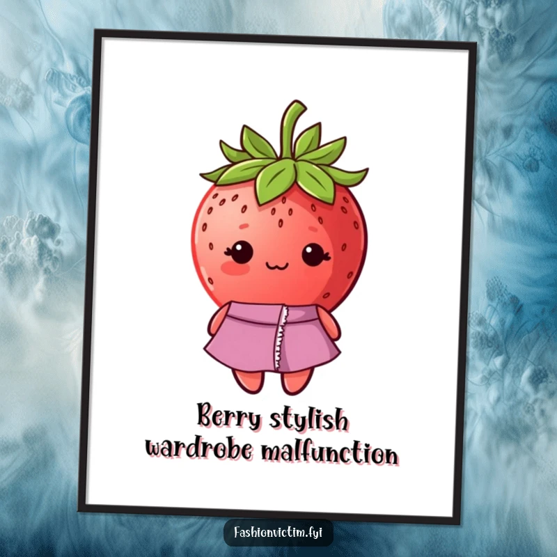 Funny Free Printable Wall Art: A shy strawberry in a fashionable dress with a ripped seam, exuding cute embarrassment.