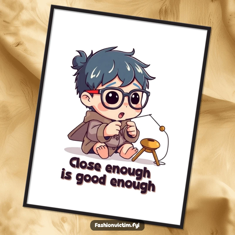 Funny Free Printable Wall Art: Character sporting huge spectacles, intensely focused on threading a tiny needle.