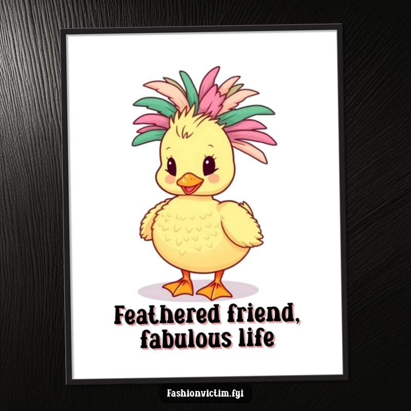 Funny Free Printable Wall Art: Flamboyant duckling parading in a chic boa, adding a hysterical touch to any room, downloadable decor.