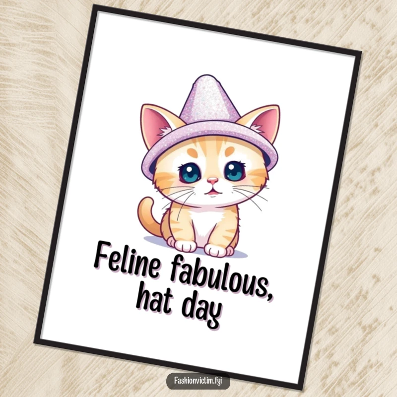 Funny Free Printable Wall Art: Tiny cat wearing an oversized dazzling sparkly hat, whimsical humorous decor.