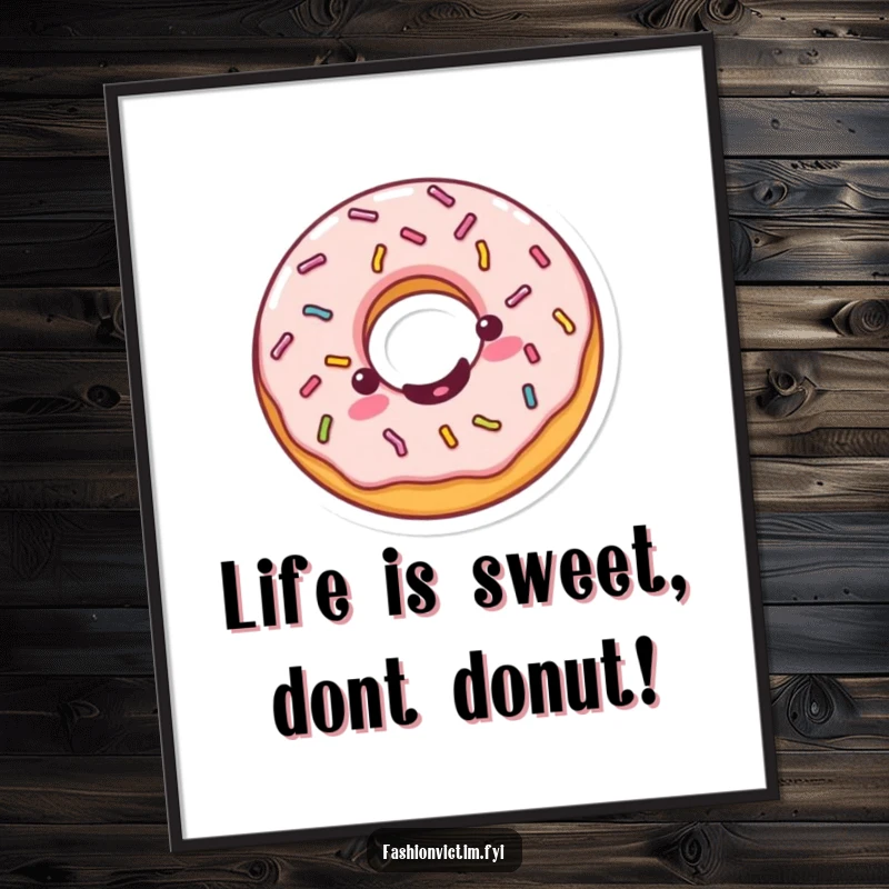 Funny Free Printable Wall Art: A cheerful Kawaii donut with bright sprinkles performs a happy, energetic spin.