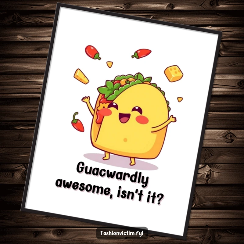 Funny Free Printable Wall Art: A Kawaii taco enthusiastically juggles tiny peppers and cheese, bringing vibrant humor.