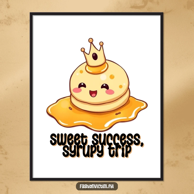 Funny Free Printable Wall Art: A cheerful pancake wearing a crown stumbles over a syrup puddle, bringing joy.