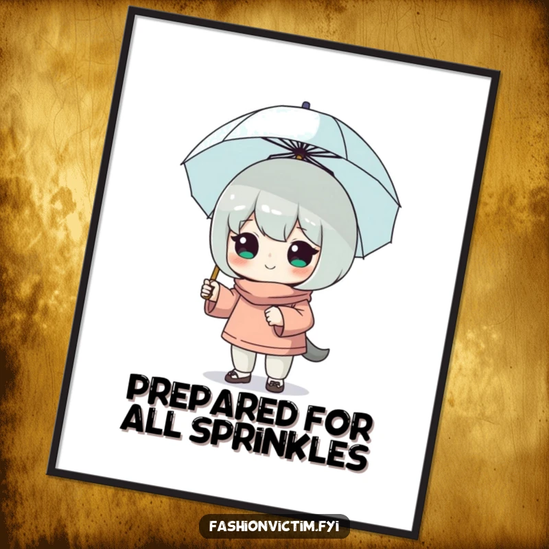 Funny Free Printable Wall Art: Character striking a proud pose with a comically small umbrella, delightful downloadable art.