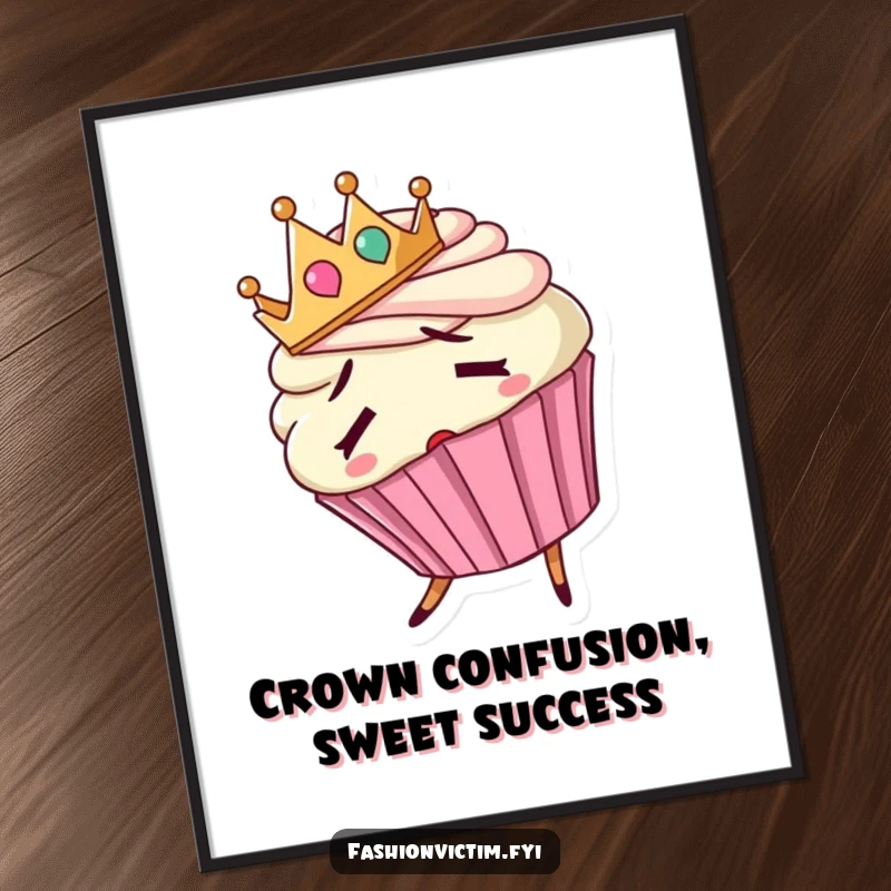 Funny Free Printable Wall Art: A confused cupcake with a tiny crown worn backwards, hilariously tripping.