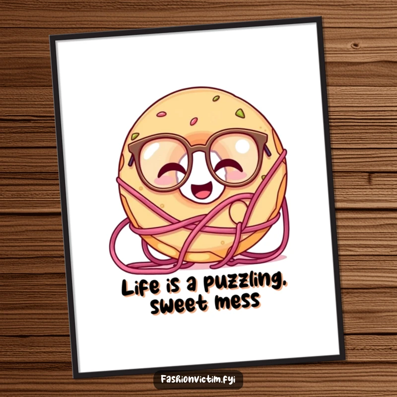Funny Free Printable Wall Art: A giggling doughnut with oversized glasses is hilariously tangled in a ball of colorful yarn.