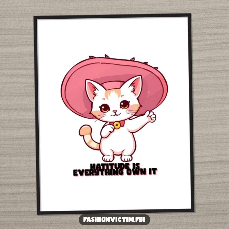 Funny Free Printable Wall Art: Adorable kawaii cat striking a dramatic pose in a large, flamboyant, stylish hat.