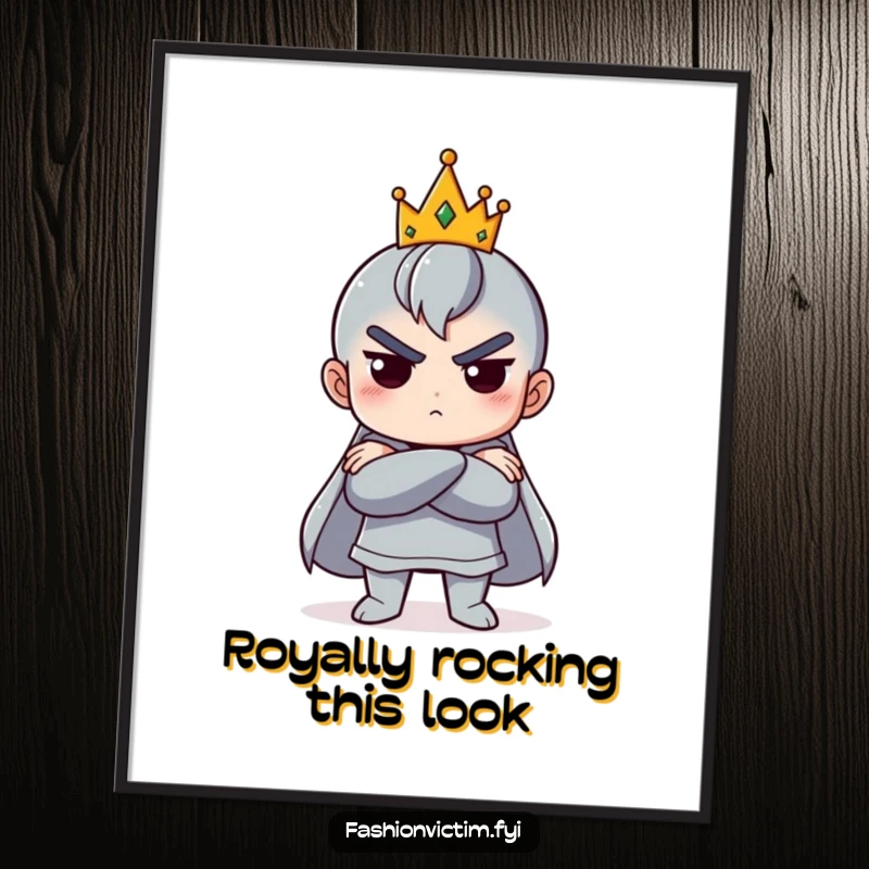 Funny Free Printable Wall Art: Character poses dramatically, arms crossed, with a tiny, askew crown. DIY decor.