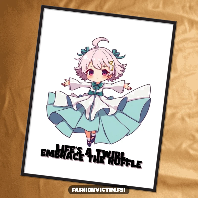 Funny Free Printable Wall Art: Character with wild ruffled clothes in a joyful spinning pose.