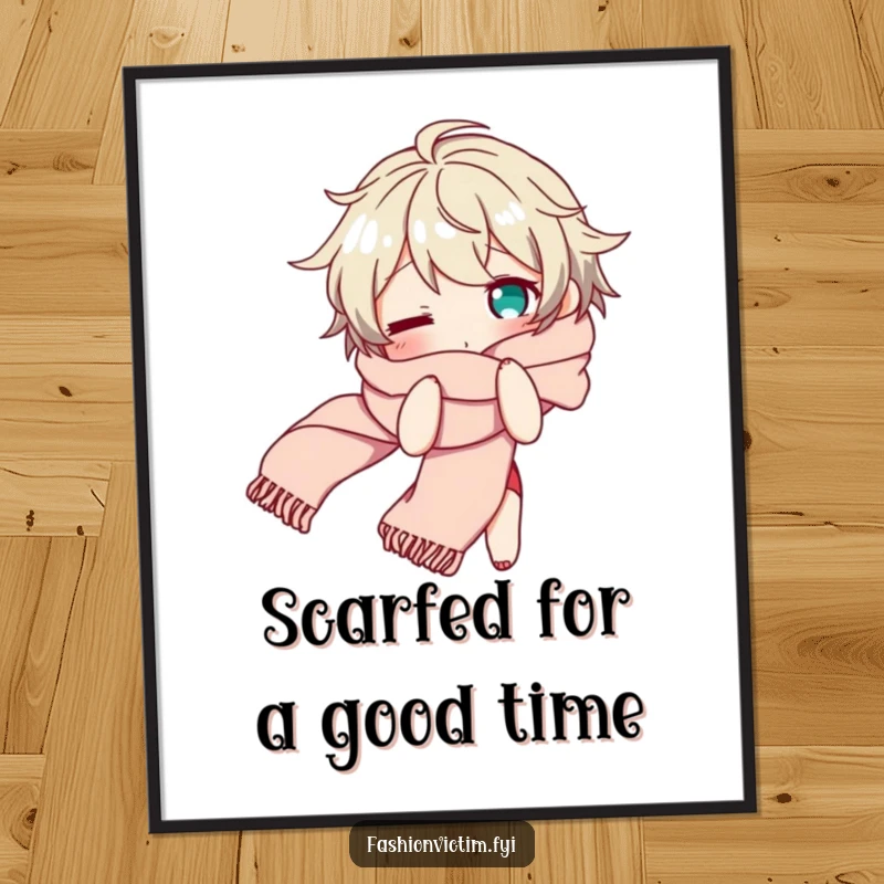 Funny free printable wall art of a character comically bewildered and tangled in a long flowing scarf, adding quirky decor.