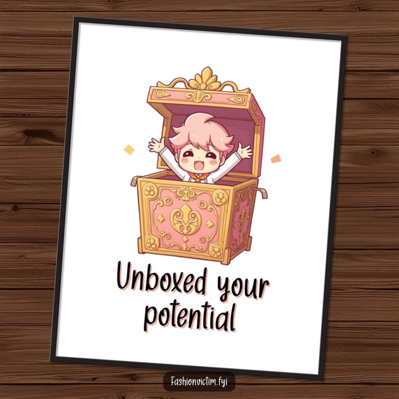 Funny Free Printable Wall Art depicting a character dramatically bursting out of a giant, ornate box with arms wide open.