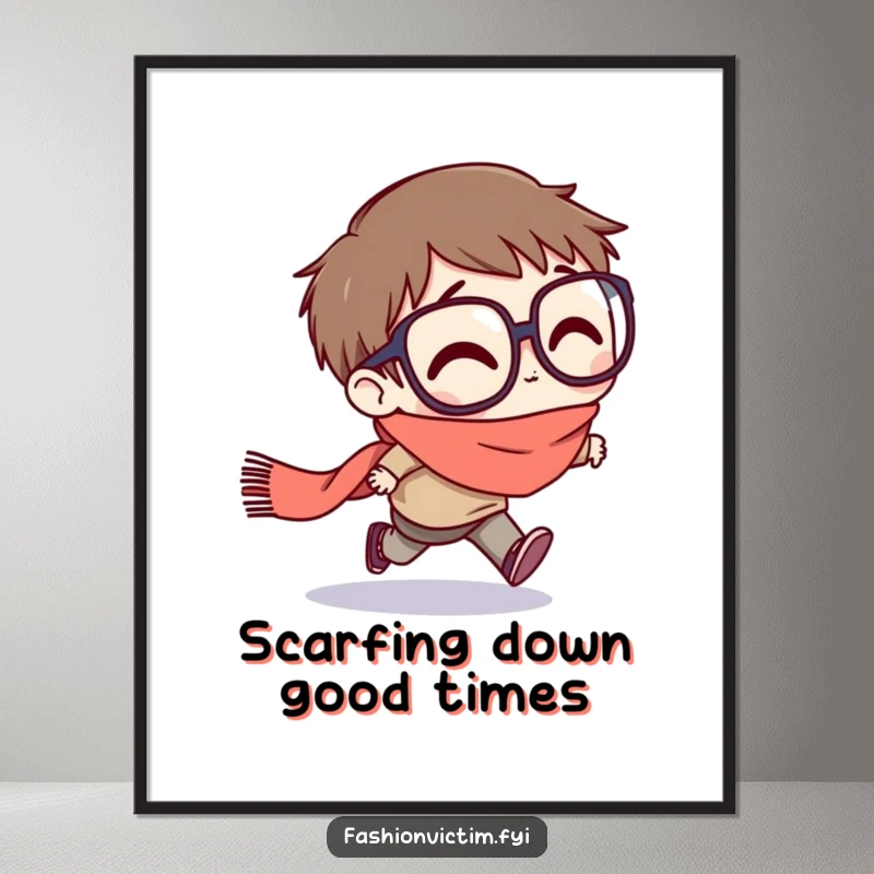 Funny Free Printable Wall Art: Character with exaggeratedly large glasses stumbling, tripping on a trailing scarf, a humorous scene.