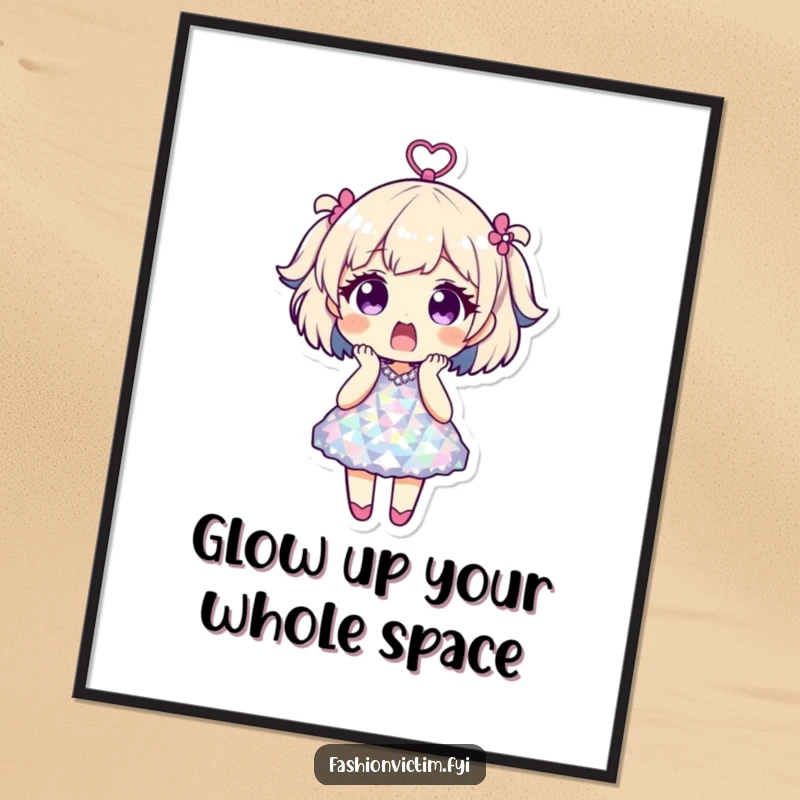 Funny free printable wall art of a shocked character in a fabulous disco ball dress, bringing retro party vibes.