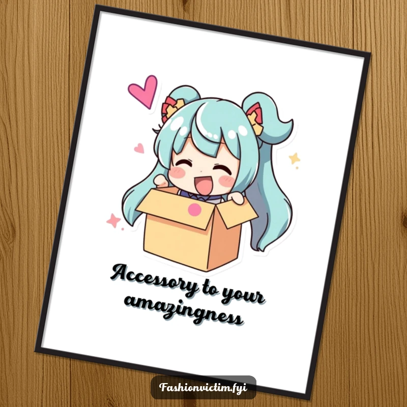 Funny Free Printable Wall Art: Excited character unboxing a ridiculously large, brightly colored accessory with pure joy.