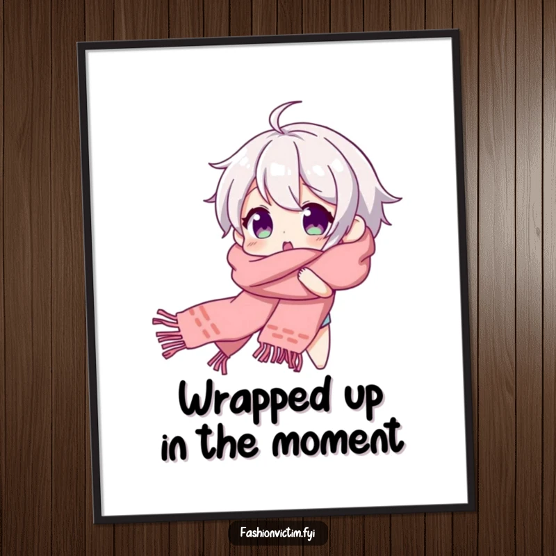 Funny Free Printable Wall Art of a character beaming with surprise, delightfully tangled in a long, flowing colorful scarf.