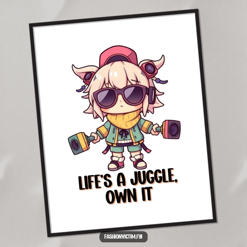 Funny free printable wall art depicting a character struggling to balance numerous outlandish accessories, adding humor to the space.