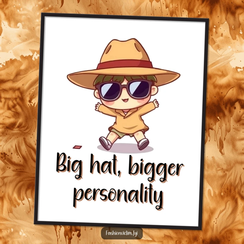 Funny Free Printable Wall Art: Character comically tripping in a giant hat and dark sunglasses, a hilarious scene.