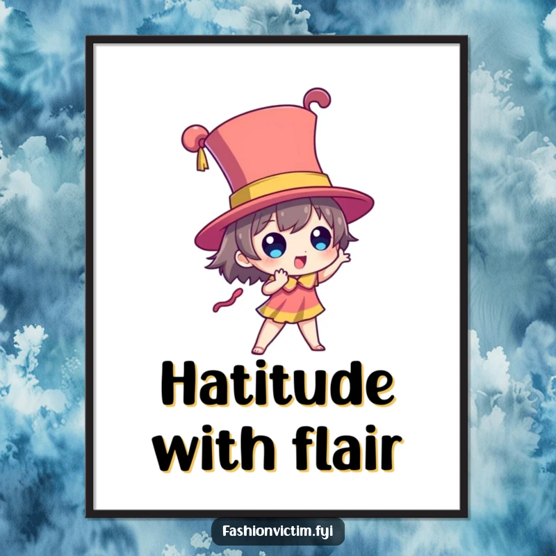 Funny Free Printable Wall Art of a character posing dramatically while wearing a towering, brightly colored hat, exuding confidence.