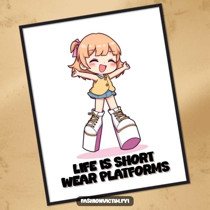 Funny Free Printable Wall Art: Character gleefully walking in extreme platform shoes, a humorous and stylish downloadable art piece.