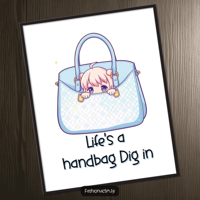 Funny Free Printable Wall Art: Character hiding mischievously behind a large, glittering handbag, adding a dash of chic humor.