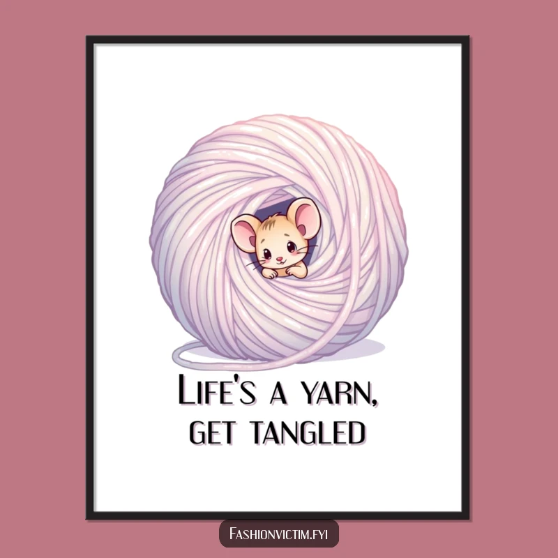 Free Printable Wall Art: Confused Mouse in Yarn for Cozy, Playful Decor