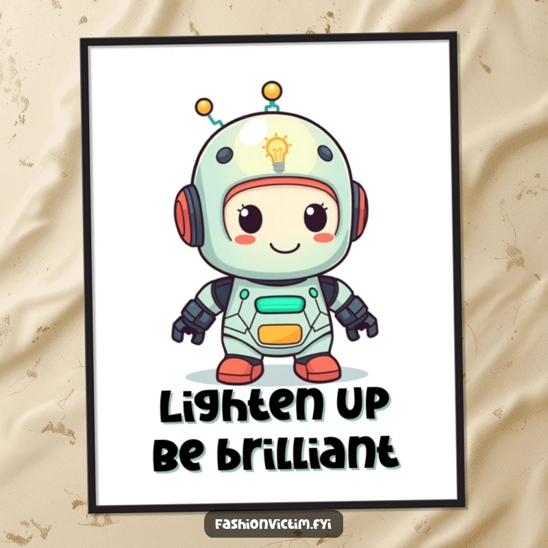 Funny Free Printable Wall Art: A cute robot with a glowing lightbulb head, looking very pleased with its bright ideas.