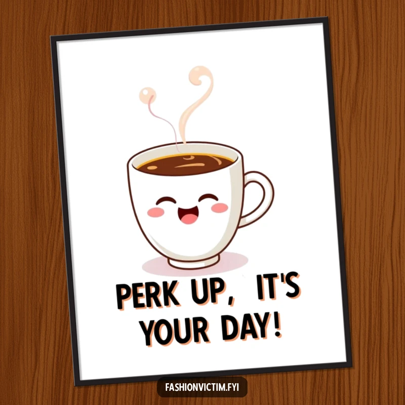 Funny Free Printable Wall Art: A Kawaii coffee cup winks charmingly while floating in a cloud of cozy steam.