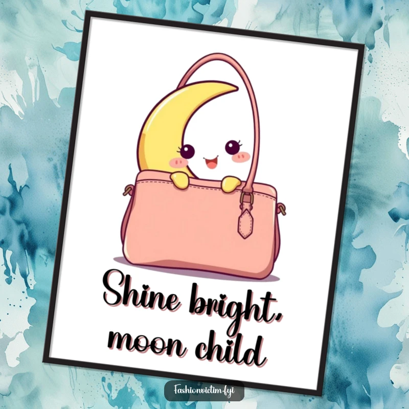 Funny Free Printable Wall Art: A happy crescent moon character peeking from behind a stylish handbag, whimsical downloadable art for a unique home.