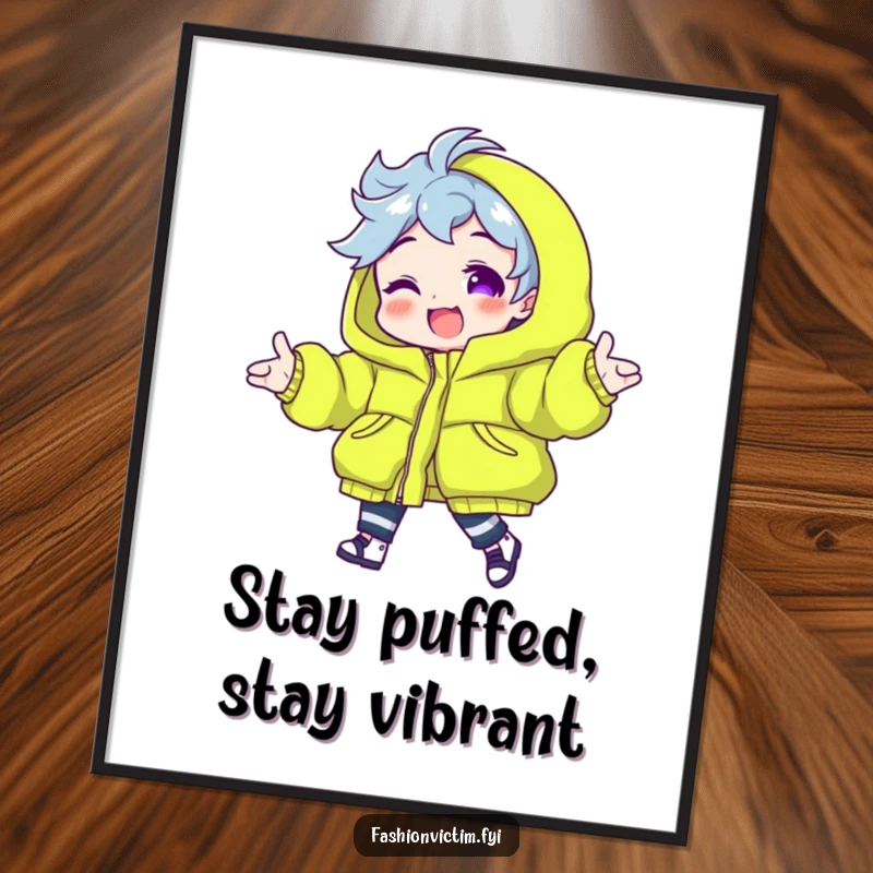 Funny free printable wall art featuring a character excitedly modeling a neon green puffy jacket, adding vibrant energy.