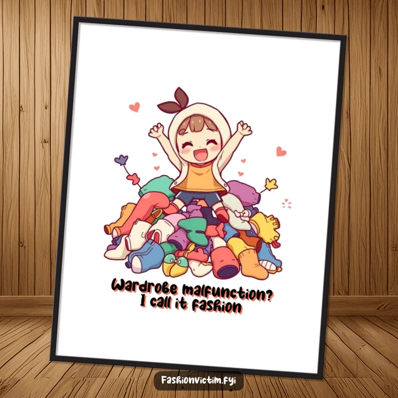 Funny Free Printable Wall Art: Character gleefully leaping into a vibrant pile of mismatched clothing, a celebration of style and fun.