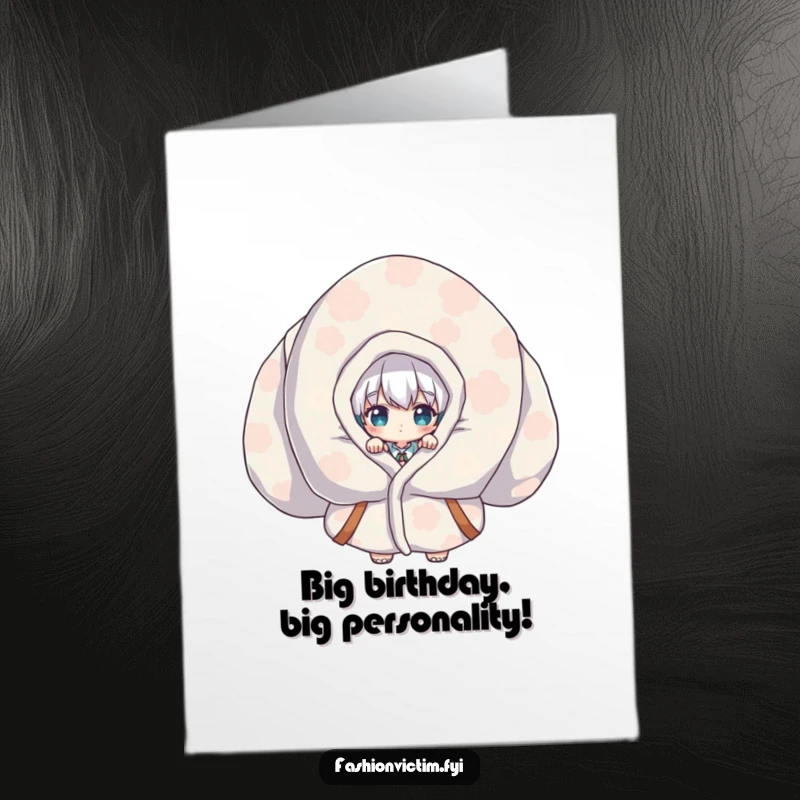 Funny Free Printable Birthday Card: Character peeks out from a comically large, brightly patterned garment, looking mischievous. A playful downloadable.