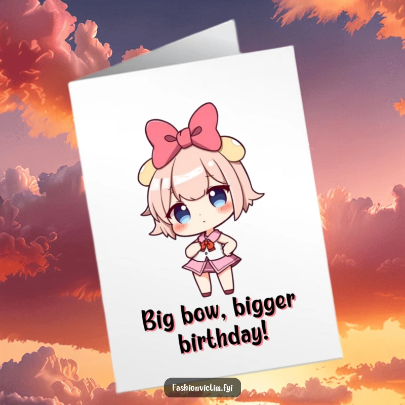 Funny Free Printable Birthday Card: Confident character with a huge bow striking a sassy pose, ready to celebrate with humor.