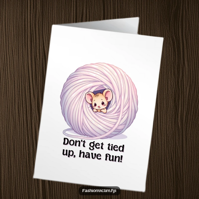Funny Free Printable Birthday Card: A tiny mouse is hilariously tangled in a huge ball of yarn, wishing fun.