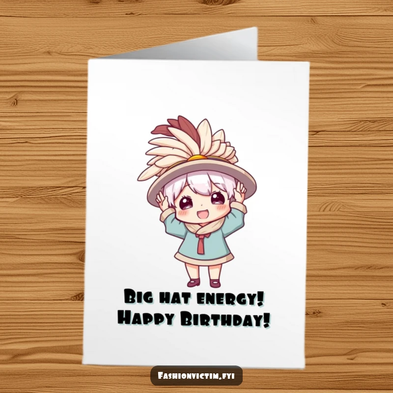 Funny Free Printable Birthday Card: Character enthusiastically donning a comically oversized feathered hat, embracing birthday extravagance.
